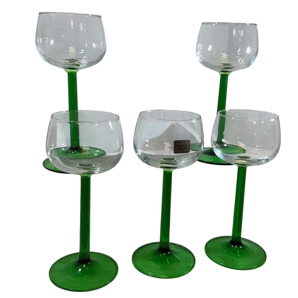 Luminarc France Domino Green Wine Glasses Set of 5 Emerald Green Stem MCM 7.5in